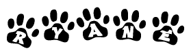 The image shows a row of animal paw prints, each containing a letter. The letters spell out the word Ryane within the paw prints.