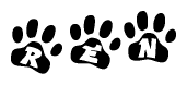 The image shows a series of animal paw prints arranged horizontally. Within each paw print, there's a letter; together they spell Ren
