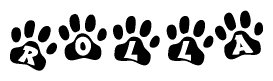 The image shows a series of animal paw prints arranged horizontally. Within each paw print, there's a letter; together they spell Rolla