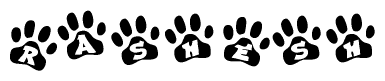 The image shows a row of animal paw prints, each containing a letter. The letters spell out the word Rashesh within the paw prints.