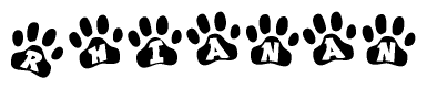 The image shows a series of animal paw prints arranged horizontally. Within each paw print, there's a letter; together they spell Rhianan