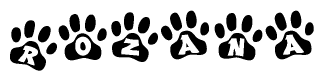 The image shows a row of animal paw prints, each containing a letter. The letters spell out the word Rozana within the paw prints.