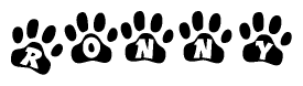 The image shows a series of animal paw prints arranged in a horizontal line. Each paw print contains a letter, and together they spell out the word Ronny.