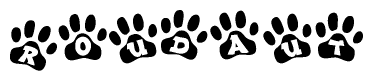 The image shows a series of animal paw prints arranged in a horizontal line. Each paw print contains a letter, and together they spell out the word Roudaut.