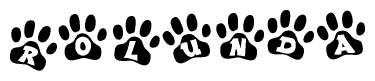 The image shows a row of animal paw prints, each containing a letter. The letters spell out the word Rolunda within the paw prints.