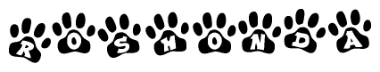 The image shows a row of animal paw prints, each containing a letter. The letters spell out the word Roshonda within the paw prints.