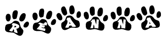 The image shows a row of animal paw prints, each containing a letter. The letters spell out the word Reanna within the paw prints.