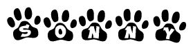 The image shows a series of animal paw prints arranged horizontally. Within each paw print, there's a letter; together they spell Sonny