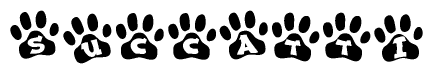 The image shows a series of animal paw prints arranged horizontally. Within each paw print, there's a letter; together they spell Succatti