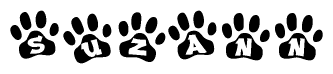 The image shows a row of animal paw prints, each containing a letter. The letters spell out the word Suzann within the paw prints.