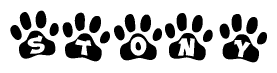 The image shows a series of animal paw prints arranged in a horizontal line. Each paw print contains a letter, and together they spell out the word Stony.