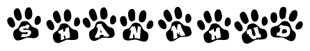 The image shows a series of animal paw prints arranged in a horizontal line. Each paw print contains a letter, and together they spell out the word Shanmhud.