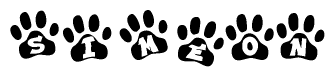 The image shows a series of animal paw prints arranged in a horizontal line. Each paw print contains a letter, and together they spell out the word Simeon.