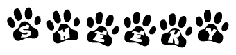 The image shows a row of animal paw prints, each containing a letter. The letters spell out the word Sheeky within the paw prints.