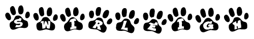The image shows a series of animal paw prints arranged horizontally. Within each paw print, there's a letter; together they spell Swirleigh