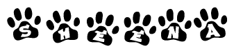 The image shows a series of animal paw prints arranged horizontally. Within each paw print, there's a letter; together they spell Sheena