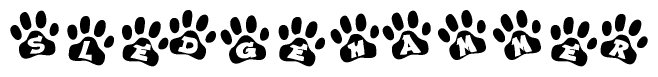 The image shows a series of animal paw prints arranged horizontally. Within each paw print, there's a letter; together they spell Sledgehammer