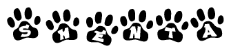 The image shows a series of animal paw prints arranged in a horizontal line. Each paw print contains a letter, and together they spell out the word Shenta.