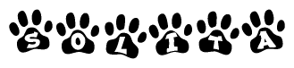 The image shows a series of animal paw prints arranged horizontally. Within each paw print, there's a letter; together they spell Solita