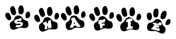 The image shows a series of animal paw prints arranged in a horizontal line. Each paw print contains a letter, and together they spell out the word Shafie.