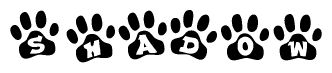The image shows a row of animal paw prints, each containing a letter. The letters spell out the word Shadow within the paw prints.