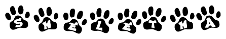 The image shows a series of animal paw prints arranged horizontally. Within each paw print, there's a letter; together they spell Sheletha