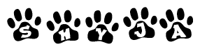 The image shows a series of animal paw prints arranged horizontally. Within each paw print, there's a letter; together they spell Shyja