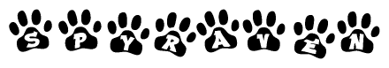 The image shows a row of animal paw prints, each containing a letter. The letters spell out the word Spyraven within the paw prints.