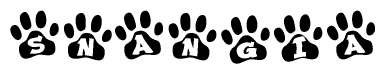 The image shows a row of animal paw prints, each containing a letter. The letters spell out the word Snangia within the paw prints.