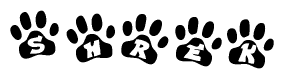 The image shows a row of animal paw prints, each containing a letter. The letters spell out the word Shrek within the paw prints.