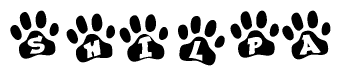 The image shows a series of animal paw prints arranged in a horizontal line. Each paw print contains a letter, and together they spell out the word Shilpa.