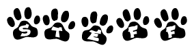 The image shows a row of animal paw prints, each containing a letter. The letters spell out the word Steff within the paw prints.