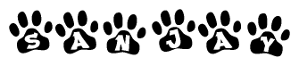 The image shows a row of animal paw prints, each containing a letter. The letters spell out the word Sanjay within the paw prints.