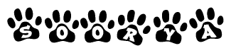 The image shows a series of animal paw prints arranged horizontally. Within each paw print, there's a letter; together they spell Soorya