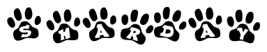 The image shows a series of animal paw prints arranged horizontally. Within each paw print, there's a letter; together they spell Sharday