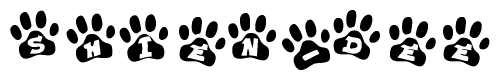 The image shows a series of animal paw prints arranged horizontally. Within each paw print, there's a letter; together they spell Shien-dee
