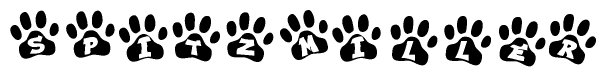 The image shows a series of animal paw prints arranged horizontally. Within each paw print, there's a letter; together they spell Spitzmiller