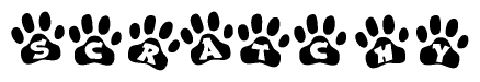 The image shows a series of animal paw prints arranged in a horizontal line. Each paw print contains a letter, and together they spell out the word Scratchy.