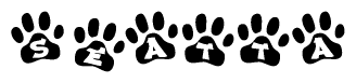 The image shows a series of animal paw prints arranged in a horizontal line. Each paw print contains a letter, and together they spell out the word Seatta.