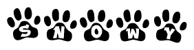 The image shows a row of animal paw prints, each containing a letter. The letters spell out the word Snowy within the paw prints.