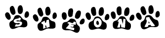 The image shows a series of animal paw prints arranged in a horizontal line. Each paw print contains a letter, and together they spell out the word Sheona.