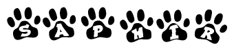The image shows a row of animal paw prints, each containing a letter. The letters spell out the word Saphir within the paw prints.