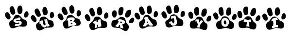 The image shows a series of animal paw prints arranged horizontally. Within each paw print, there's a letter; together they spell Subhrajyoti