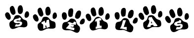 The image shows a series of animal paw prints arranged in a horizontal line. Each paw print contains a letter, and together they spell out the word Sheilas.