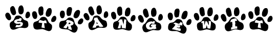 The image shows a series of animal paw prints arranged horizontally. Within each paw print, there's a letter; together they spell Strangewit