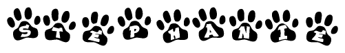 The image shows a series of animal paw prints arranged horizontally. Within each paw print, there's a letter; together they spell Stephanie