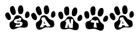 The image shows a series of animal paw prints arranged horizontally. Within each paw print, there's a letter; together they spell Santa