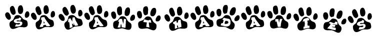 The image shows a series of animal paw prints arranged horizontally. Within each paw print, there's a letter; together they spell Samanthadavies