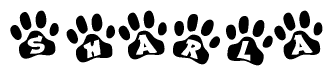 The image shows a series of animal paw prints arranged horizontally. Within each paw print, there's a letter; together they spell Sharla