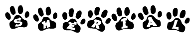 The image shows a row of animal paw prints, each containing a letter. The letters spell out the word Sherial within the paw prints.